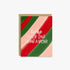 A square greeting card with a kraft envelope, featuring diagonal stripes in red, green, and pale pink with white text reading &