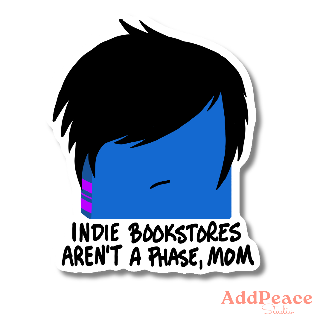 Sticker with blue face and black text &