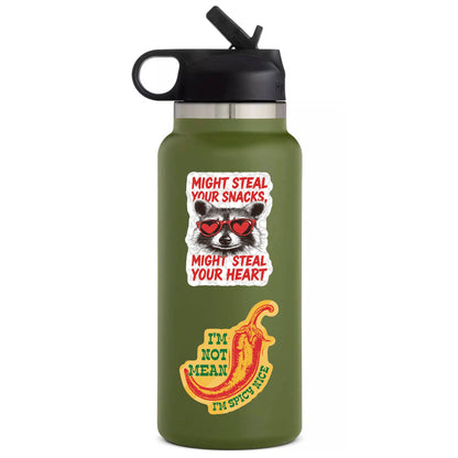 Green water bottle with a raccoon and chili design on a white background