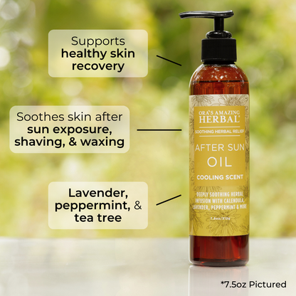 Herbal after sun oil bottle with text highlighting benefits on a natural background