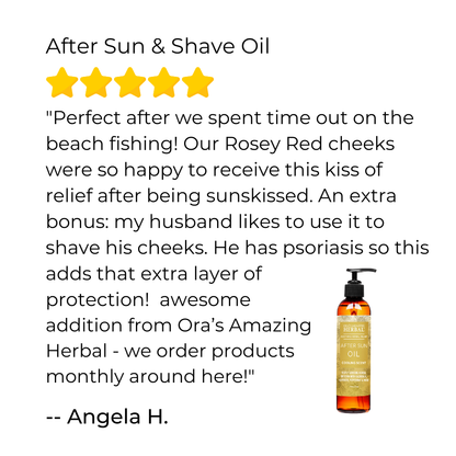 Product review for after sun and shave oil with a bottle image and star rating.