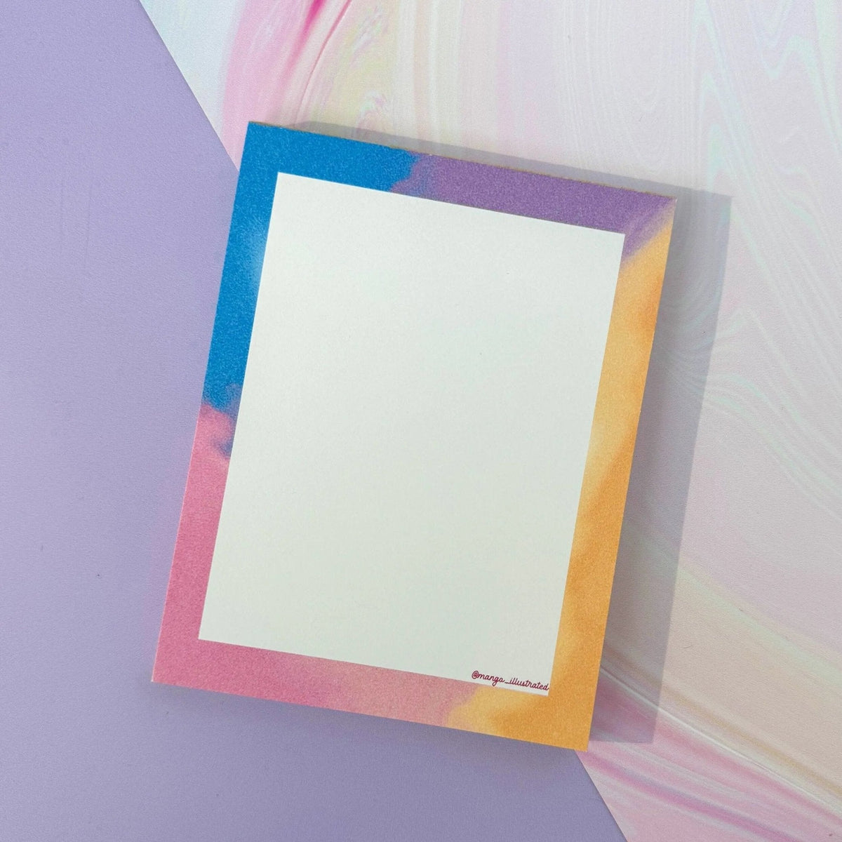 Afterglow notepad — pastel notepad with a blue, purple, pink and orange gradient border, 4x5.5 inches, by MangoIllustrated