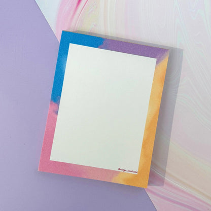 Afterglow notepad — pastel notepad with a blue, purple, pink and orange gradient border, 4x5.5 inches, by MangoIllustrated