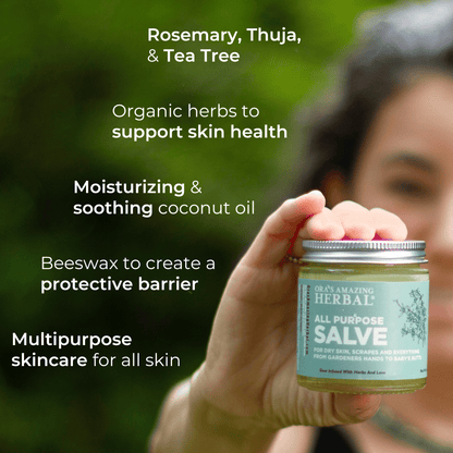 All Purpose Salve 4oz Lifestyle Outdoor Ora Benefits Infographic