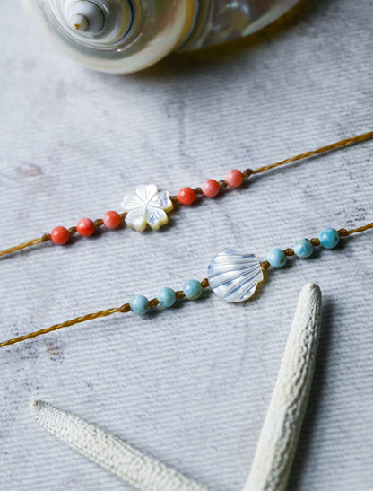 Larimar Beaded Beach Anklet: Mother of Pearl Shell, Boho Jewelry