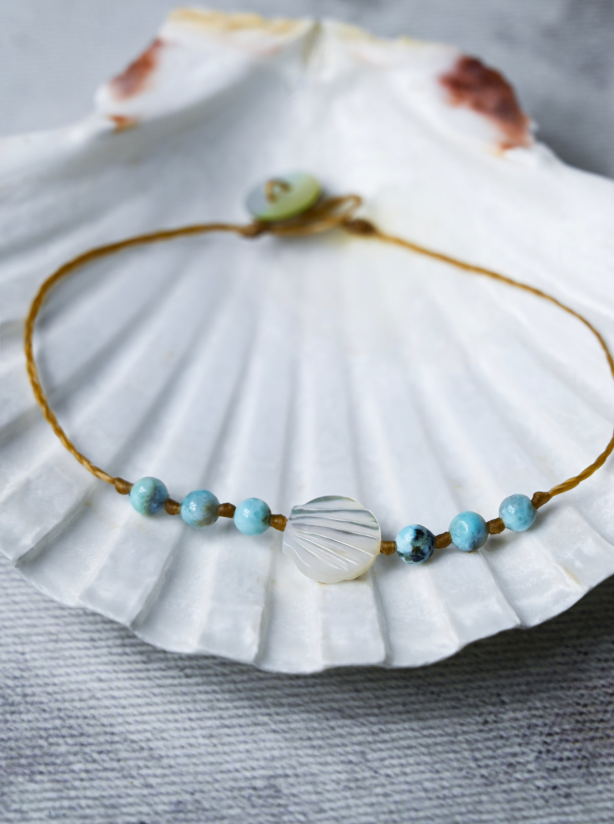 Larimar Beaded Beach Anklet: Mother of Pearl Shell, Boho Jewelry