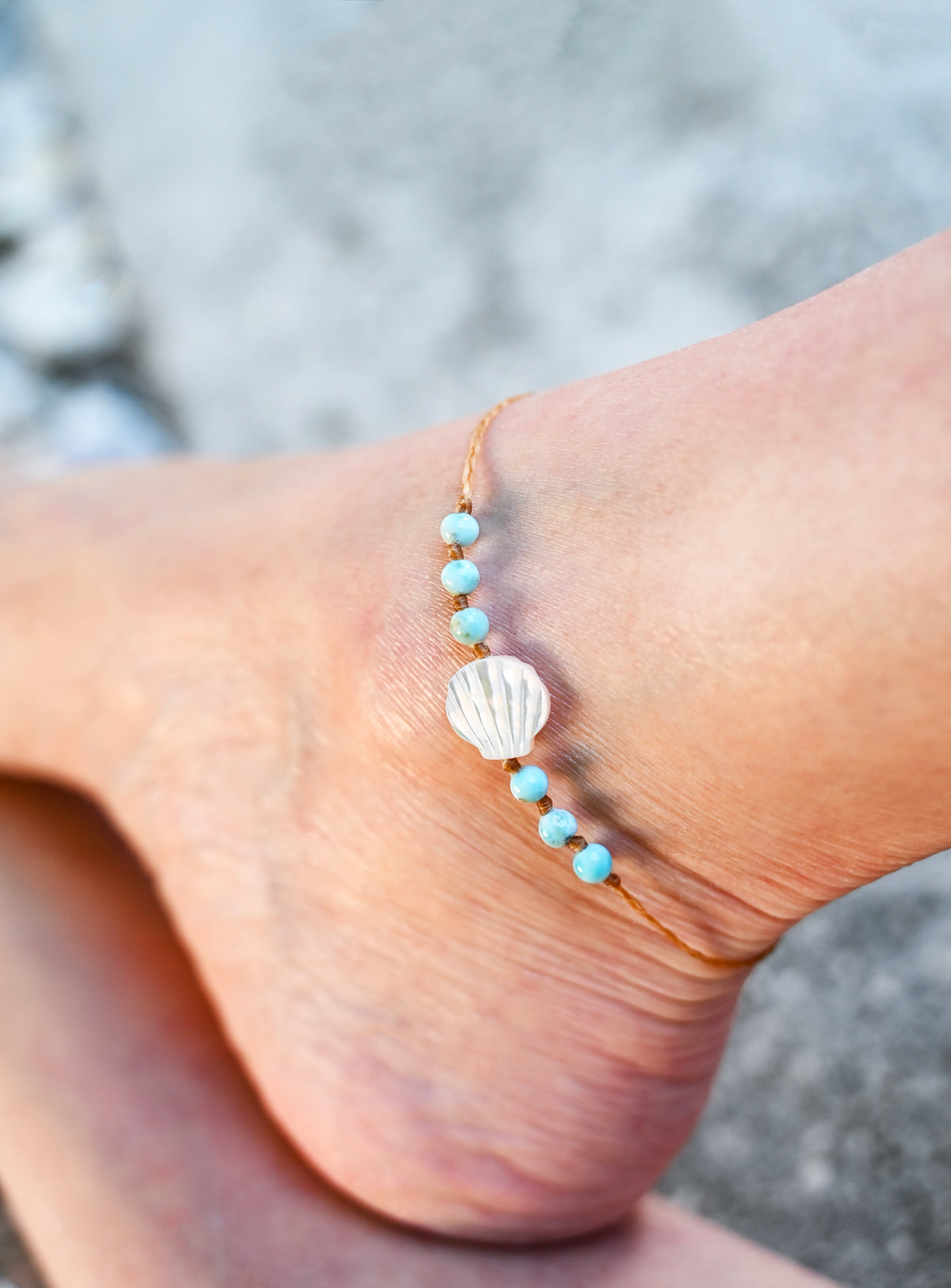 Larimar Beaded Beach Anklet: Mother of Pearl Shell, Boho Jewelry