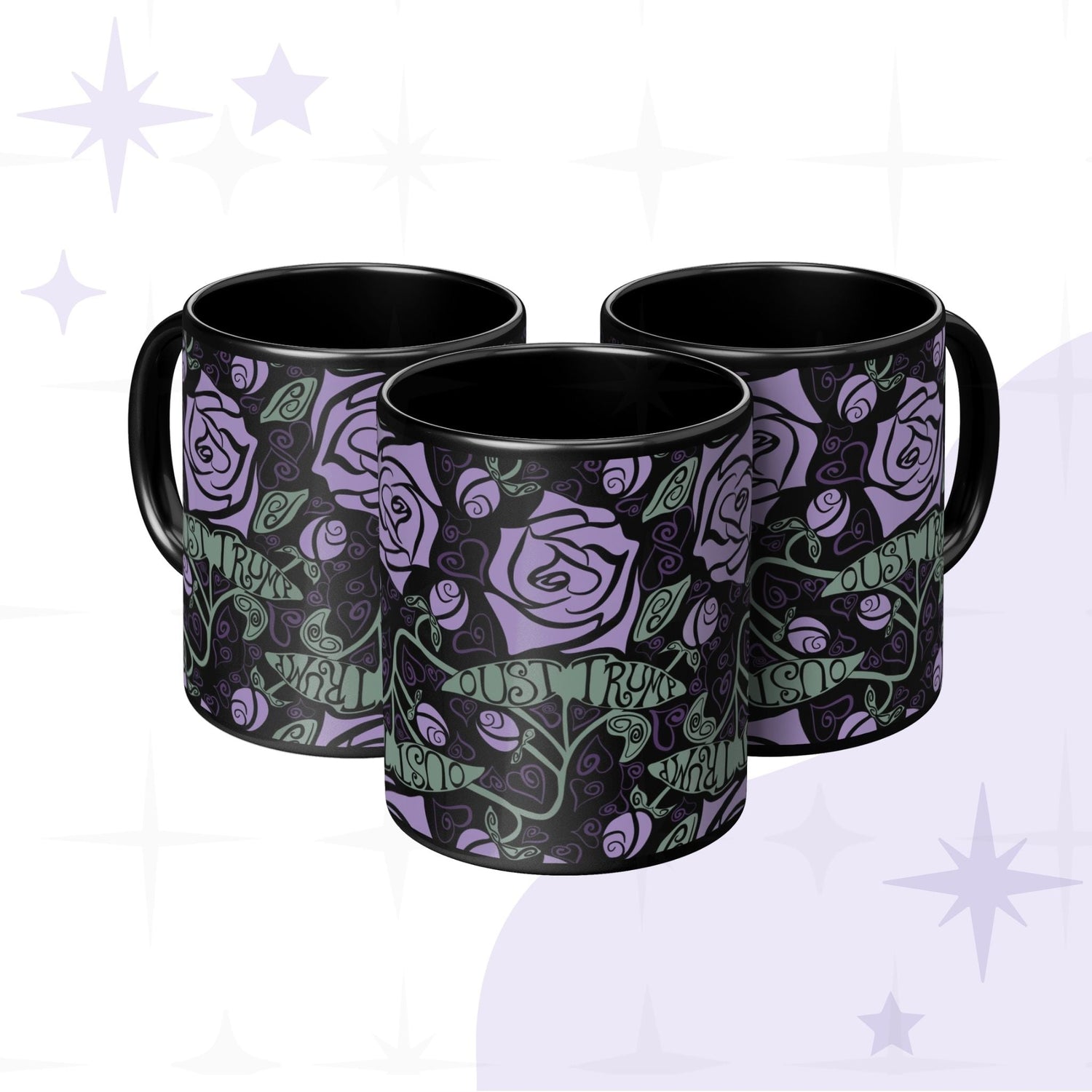 Three black ceramic anti-Trump mugs with Art Nouveau lavender rose and hidden message design grouped together