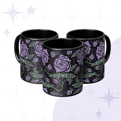 Three black ceramic anti-Trump mugs with Art Nouveau lavender rose and hidden message design grouped together