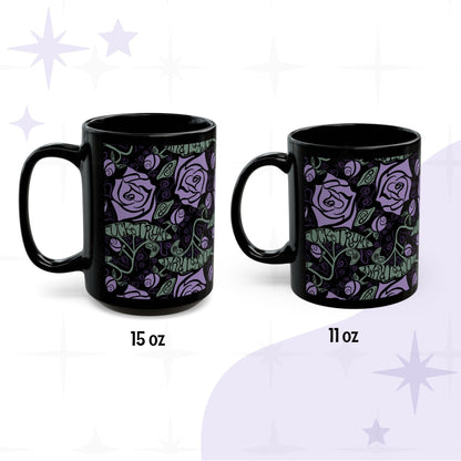 Anti-Trump hidden message coffee mug with lavender rose gothic botanical wrap print on black ceramic, shown in 11 oz and 15 oz sizes