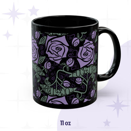 11 oz anti-Trump hidden message mug with dark botanical floral wrap print on black ceramic