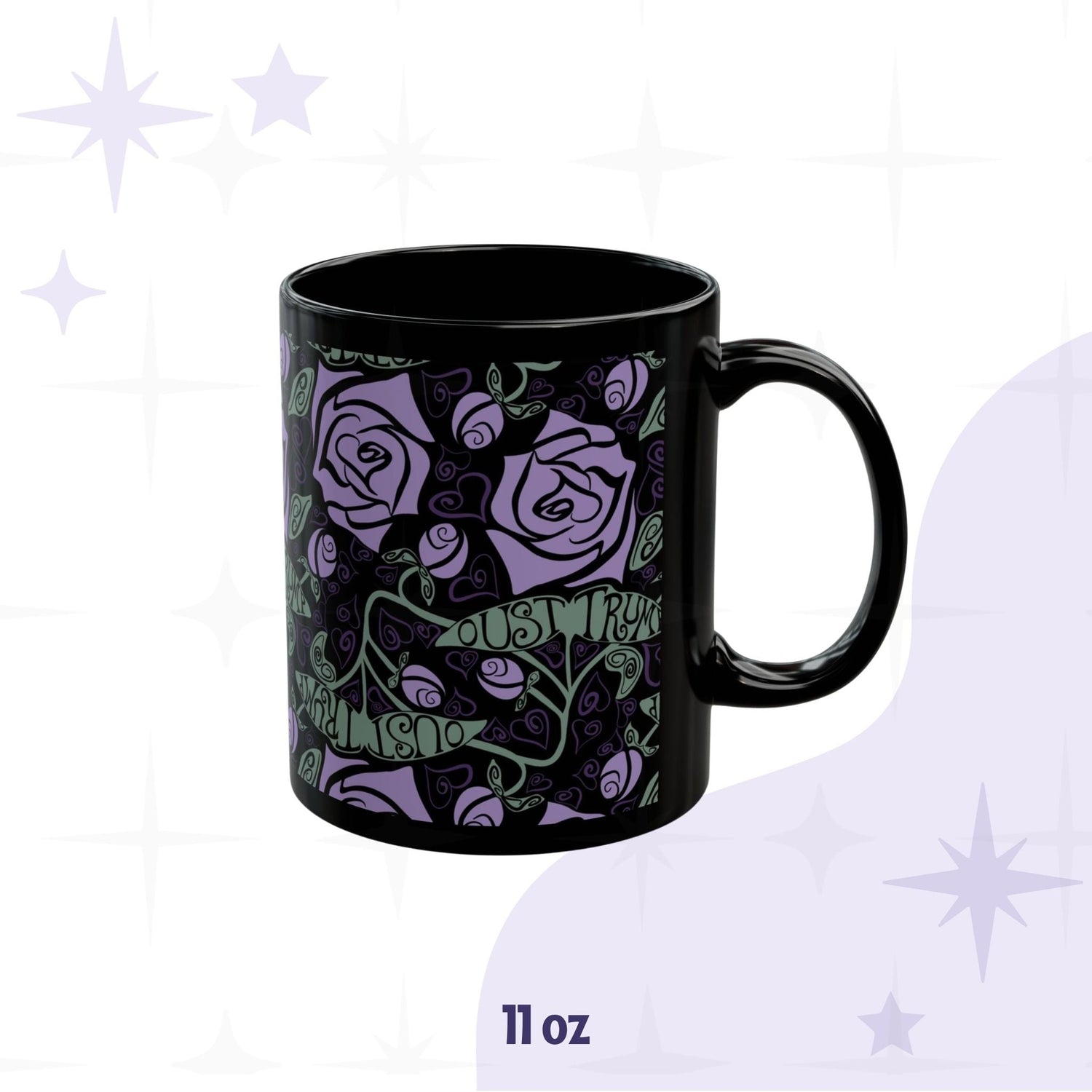11 oz anti-Trump hidden message mug with dark botanical floral wrap print on black ceramic