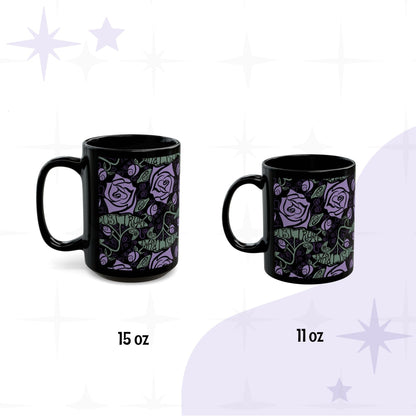 Side-by-side size comparison of 15 oz and 11 oz anti-Trump floral gothic black ceramic coffee mugs