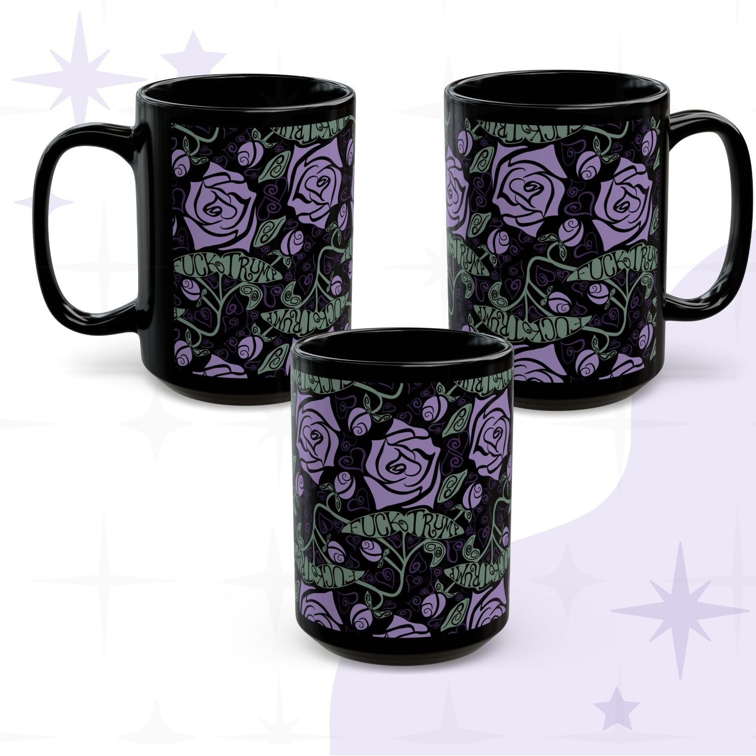 Fuck Trump hidden message coffee mug with lavender rose gothic botanical wrap print on black ceramic, all three angles shown