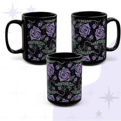 Fuck Trump hidden message coffee mug with lavender rose gothic botanical wrap print on black ceramic, all three angles shown