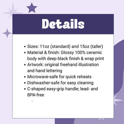 Product details card for Fuck Trump mug showing sizes, ceramic material, microwave and dishwasher safe 