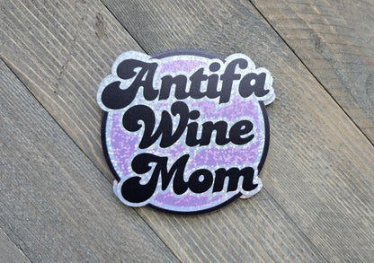 Antifa Wine Mom, Retro Style, 3" x 3" Die Cut, Glitter Sticker, Political, Antifascist, Activist, Vinyl Sticker