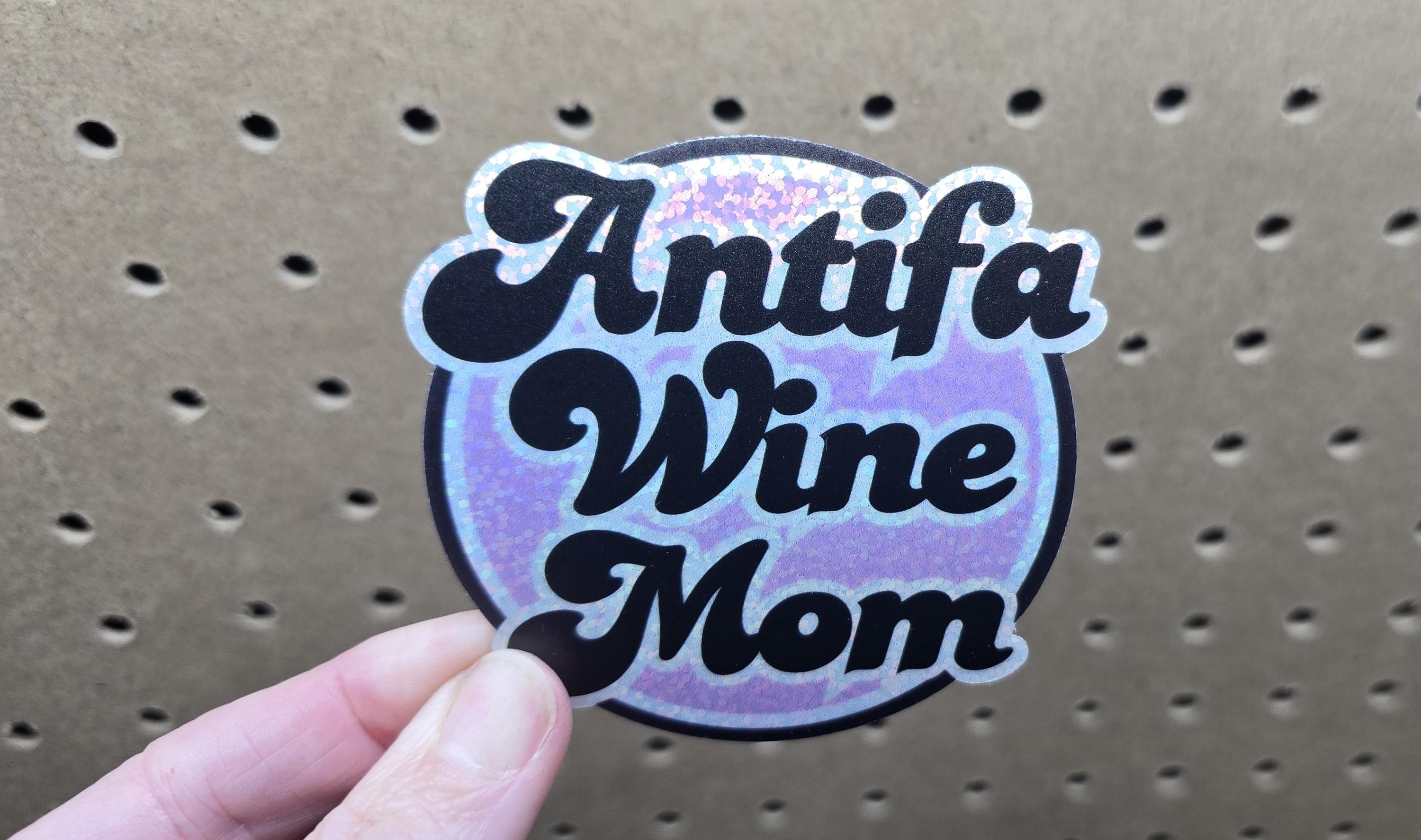 Antifa Wine Mom, Retro Style, 3" x 3" Die Cut, Glitter Sticker, Political, Antifascist, Activist, Vinyl Sticker