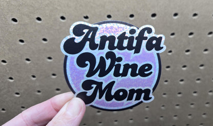 Antifa Wine Mom, Retro Style, 3" x 3" Die Cut, Glitter Sticker, Political, Antifascist, Activist, Vinyl Sticker