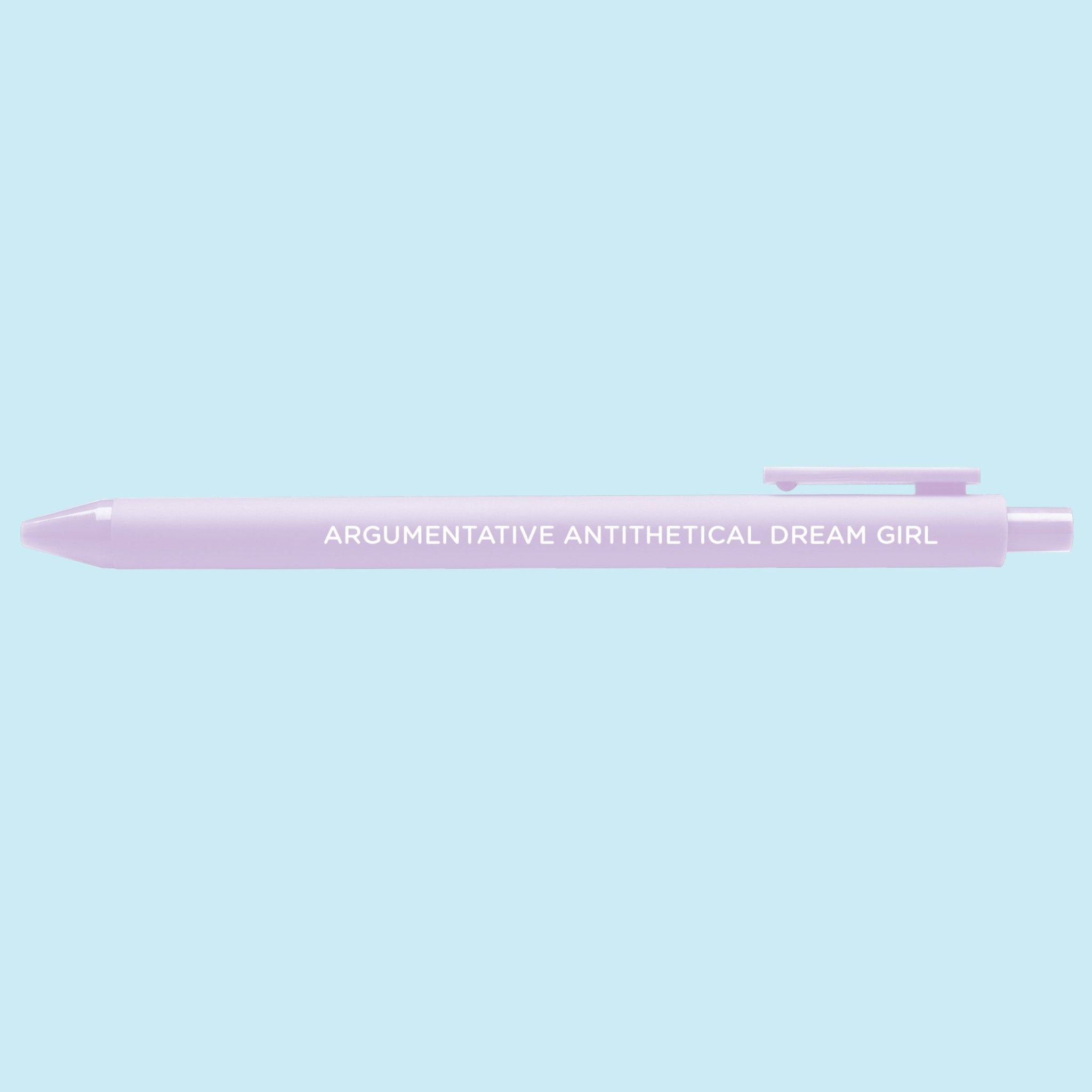 Argumentative Antithetical Dream Girl pen flat lay — Midnights era music fan pen by MangoIllustrated