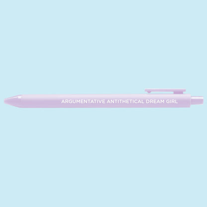 Argumentative Antithetical Dream Girl pen flat lay — Midnights era music fan pen by MangoIllustrated