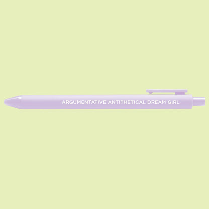 Argumentative Antithetical Dream Girl pen close-up — jotter gel pen by indie artist MangoIllustrated