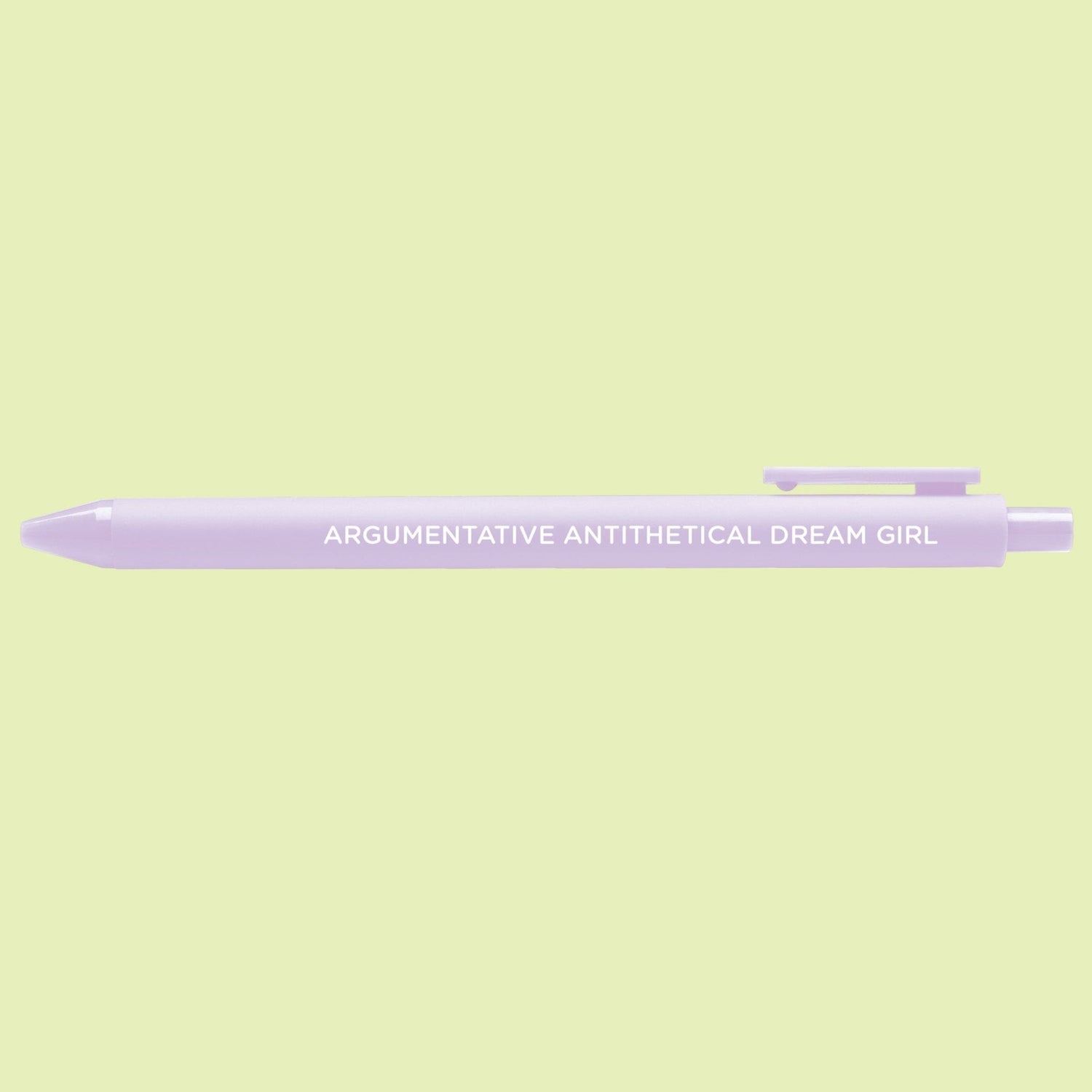 Argumentative Antithetical Dream Girl pen close-up — jotter gel pen by indie artist MangoIllustrated