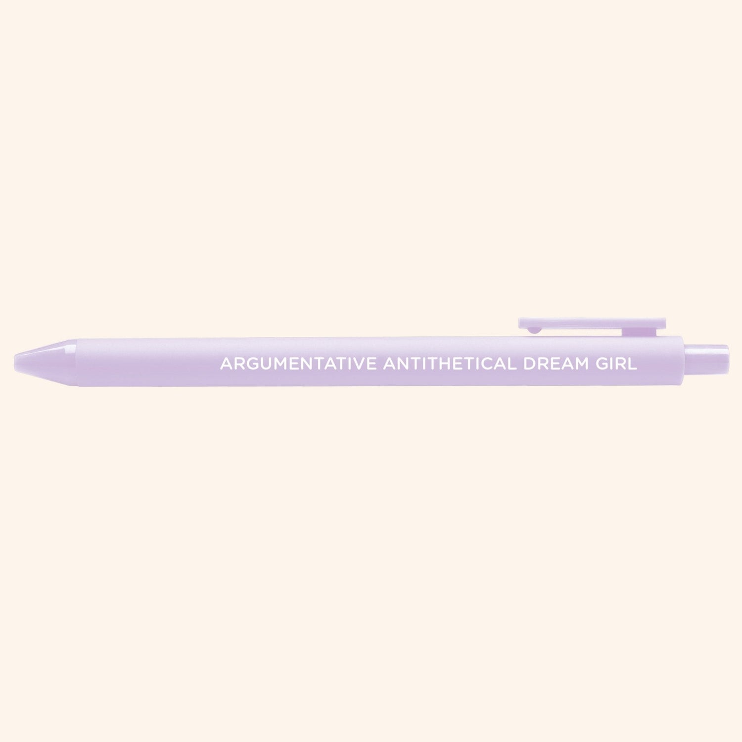Argumentative Antithetical Dream Girl pen detail — lilac barrel jotter pen by MangoIllustrated