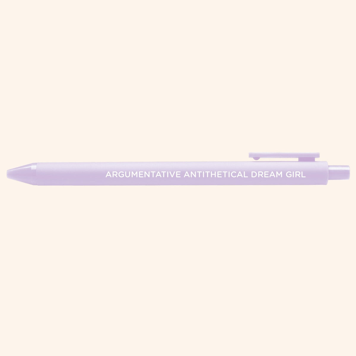 Argumentative Antithetical Dream Girl pen detail — lilac barrel jotter pen by MangoIllustrated