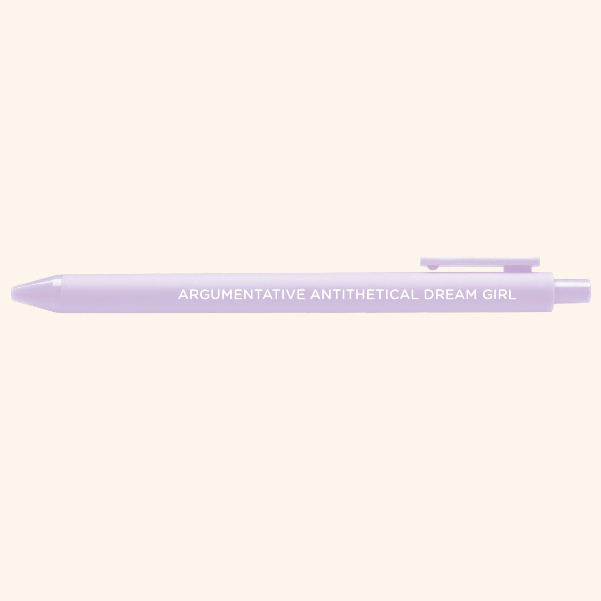 Argumentative Antithetical Dream Girl pen detail — lilac barrel jotter pen by MangoIllustrated