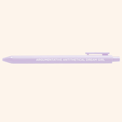 Argumentative Antithetical Dream Girl pen detail — lilac barrel jotter pen by MangoIllustrated