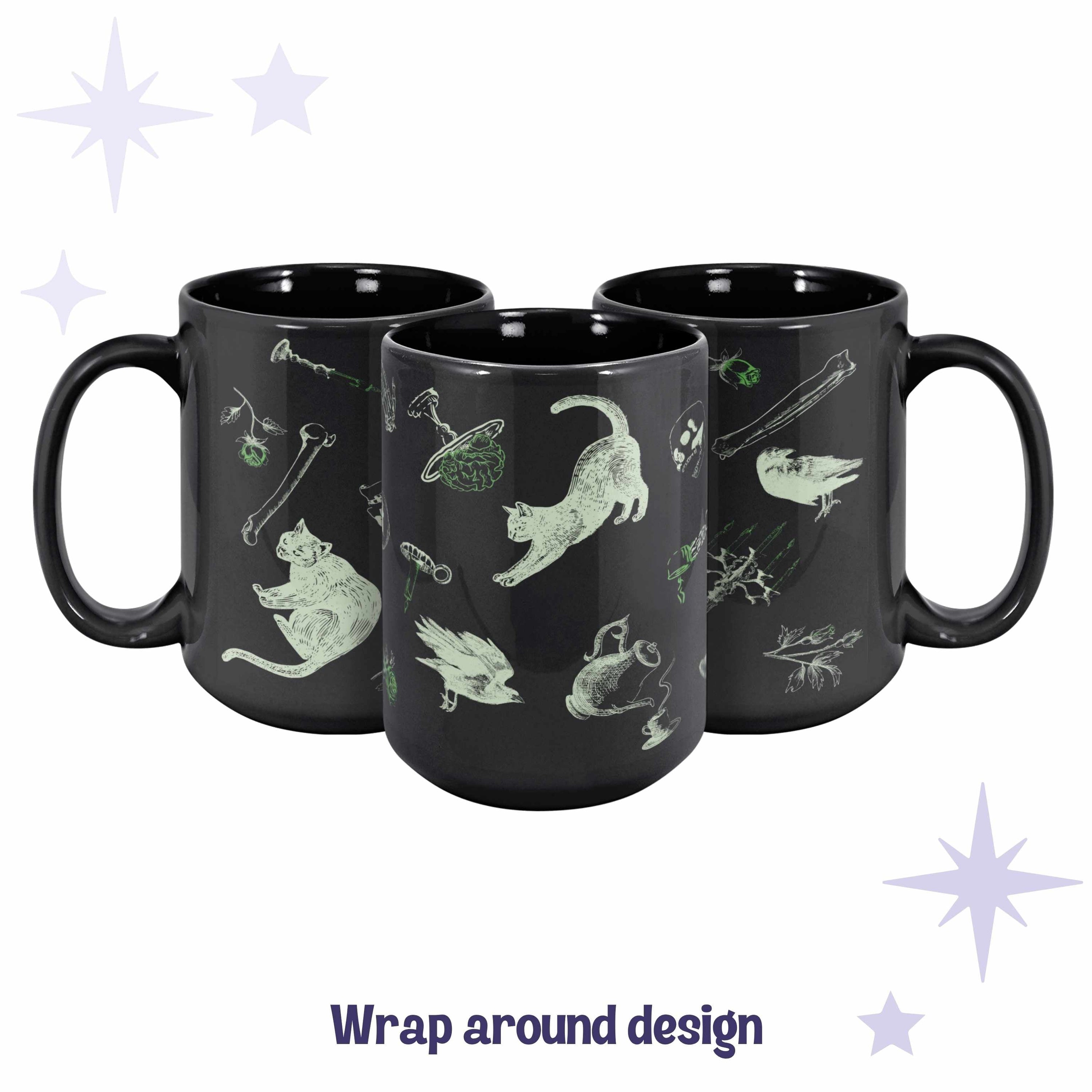 Three black ceramic mugs arranged to show the full wrap around acid green zombie icons pattern
