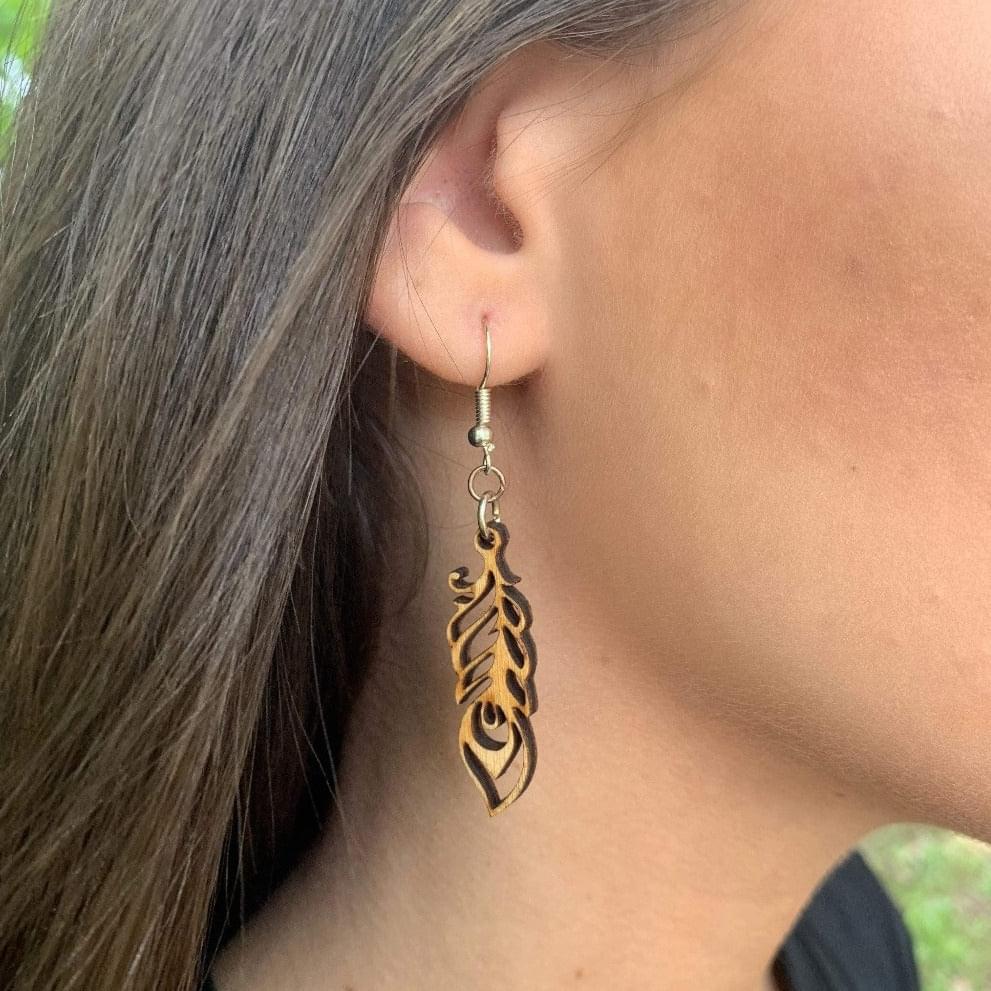Art Nouveau Feather Wooden Dangle Earrings - - Cate&
