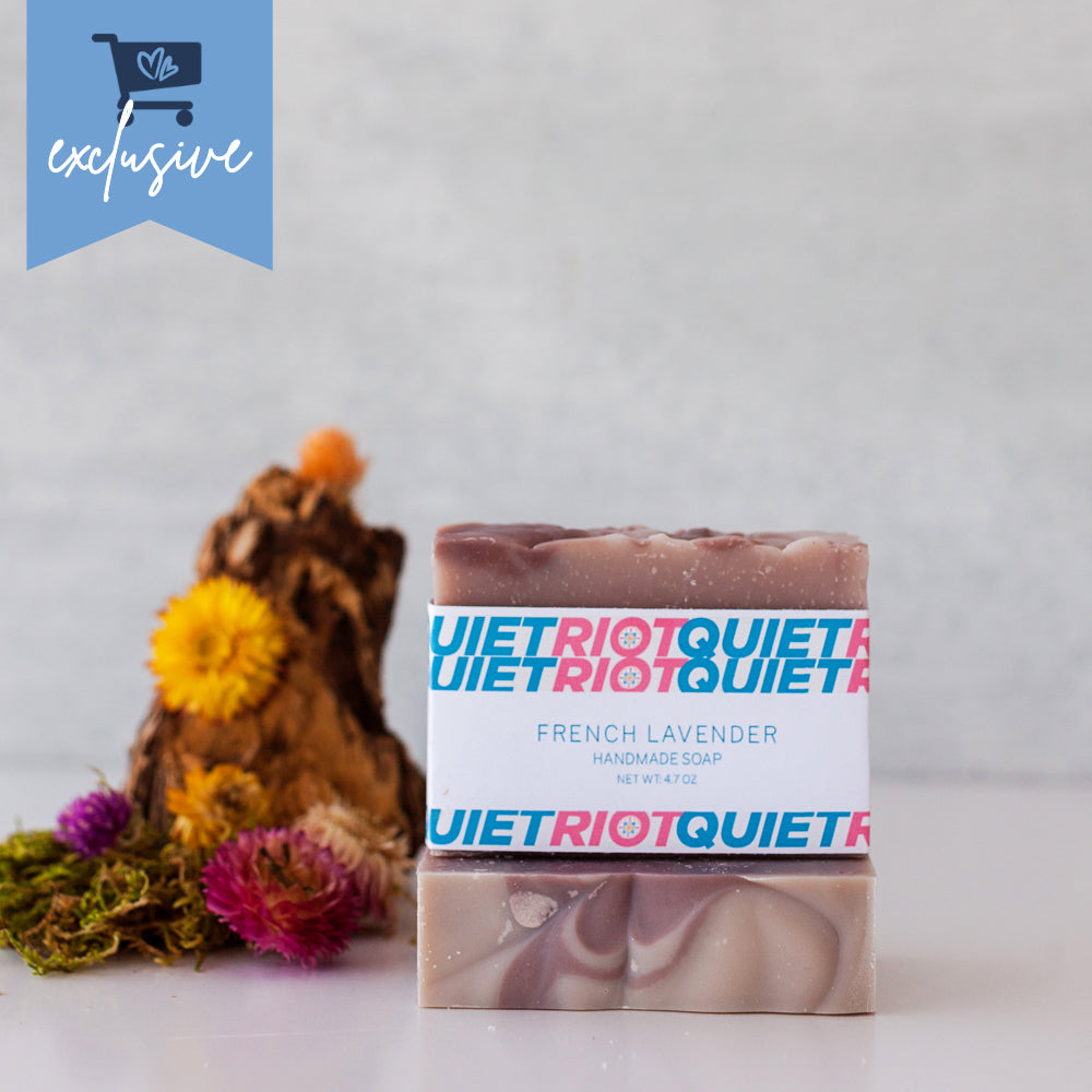 Quiet Riot French Lavender handmade soap — all-natural, woman-owned, small batch lavender bar soap made with Brazilian purple clay, no synthetic fragrance, no parabens, handmade in California