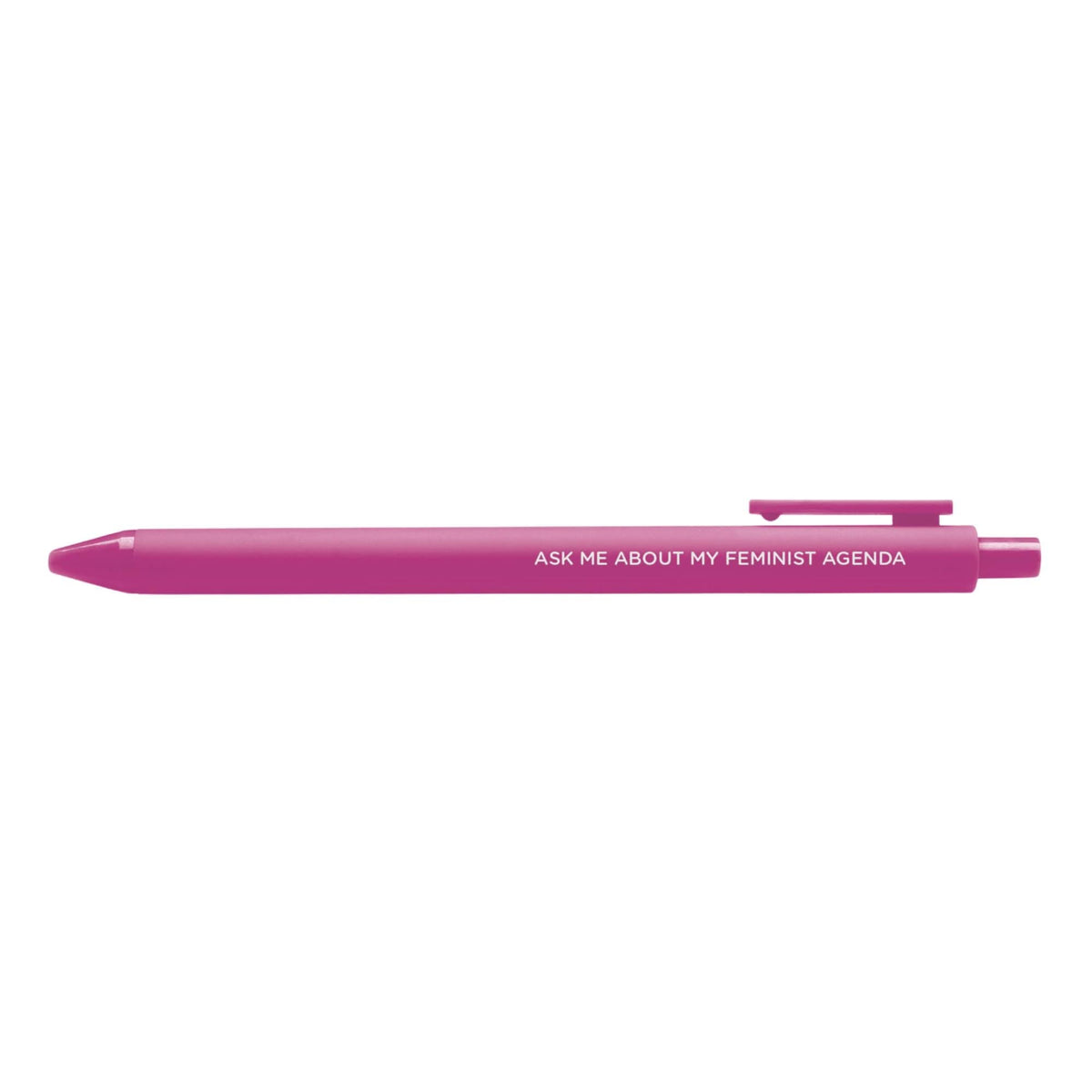 Ask me about my feminist agenda pen flat lay — pink feminist gel pen with black ink by indie artist MangoIllustrated