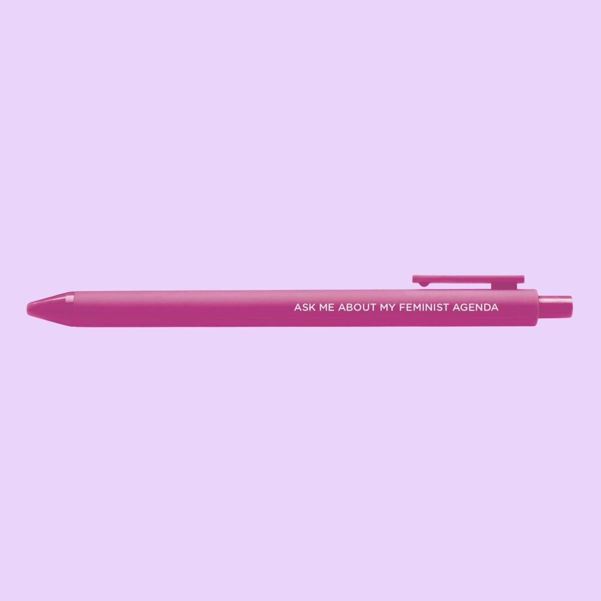 Ask me about my feminist agenda pen — pink barrel gel pen printed with the phrase, 0.5mm fine point, by MangoIllustrated