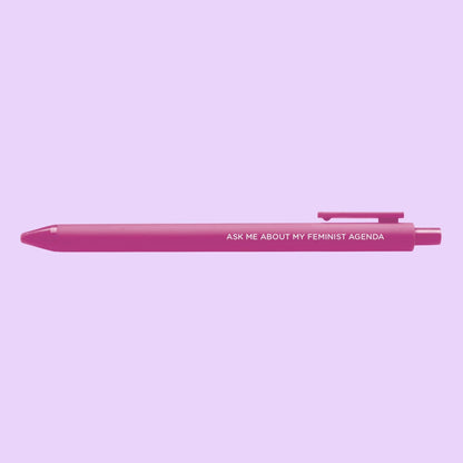 Ask me about my feminist agenda pen — pink barrel gel pen printed with the phrase, 0.5mm fine point, by MangoIllustrated