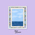 August Salt Air fine art print — illustrated ocean view inside a stamp frame surrounded by florals, 8 x 10 in, by MangoIllustrated