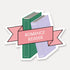 Sticker with books and a pink banner labeled &