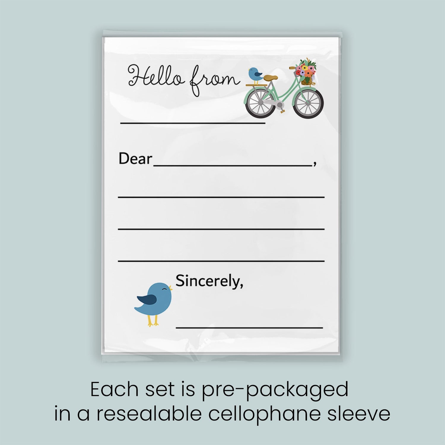 The image is a pre-packaged greeting card with a bicycle and a bird on it, and it is pre-packaged in a resealable cellophane sleeve. Each set is pre-packaged in a resealable cellophane sleeve.