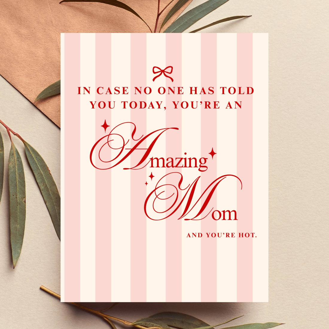 Greeting card with pink stripes and red tex