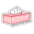 Pink tissue box with tissues, decorated with white stars and hearts, on a white background.
