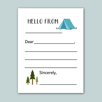 a letter addressed to someone, with a camping tent and pine trees as the main elements. The letter appears to be a handwritten note, with the message "Hello from" written at the top.