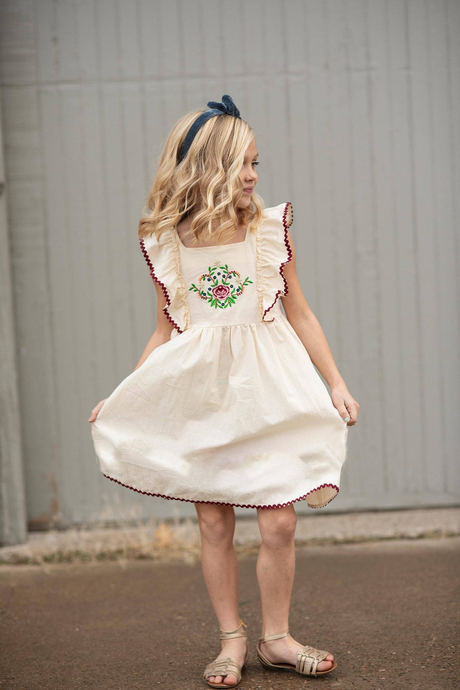 Kids Cream &amp; Burgundy Floral Embroidered Pinafore Dress