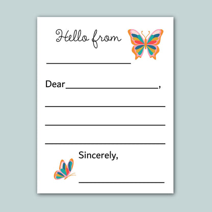 a blank letter or card with a butterfly illustration on the top right corner. The letter has a blank space for the recipient&