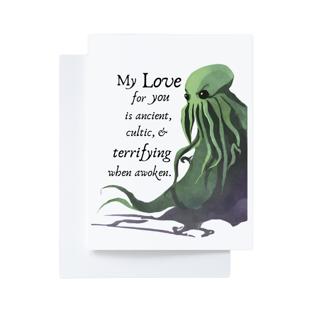 Card with a green cthulhu illustration and humorous text on a white background