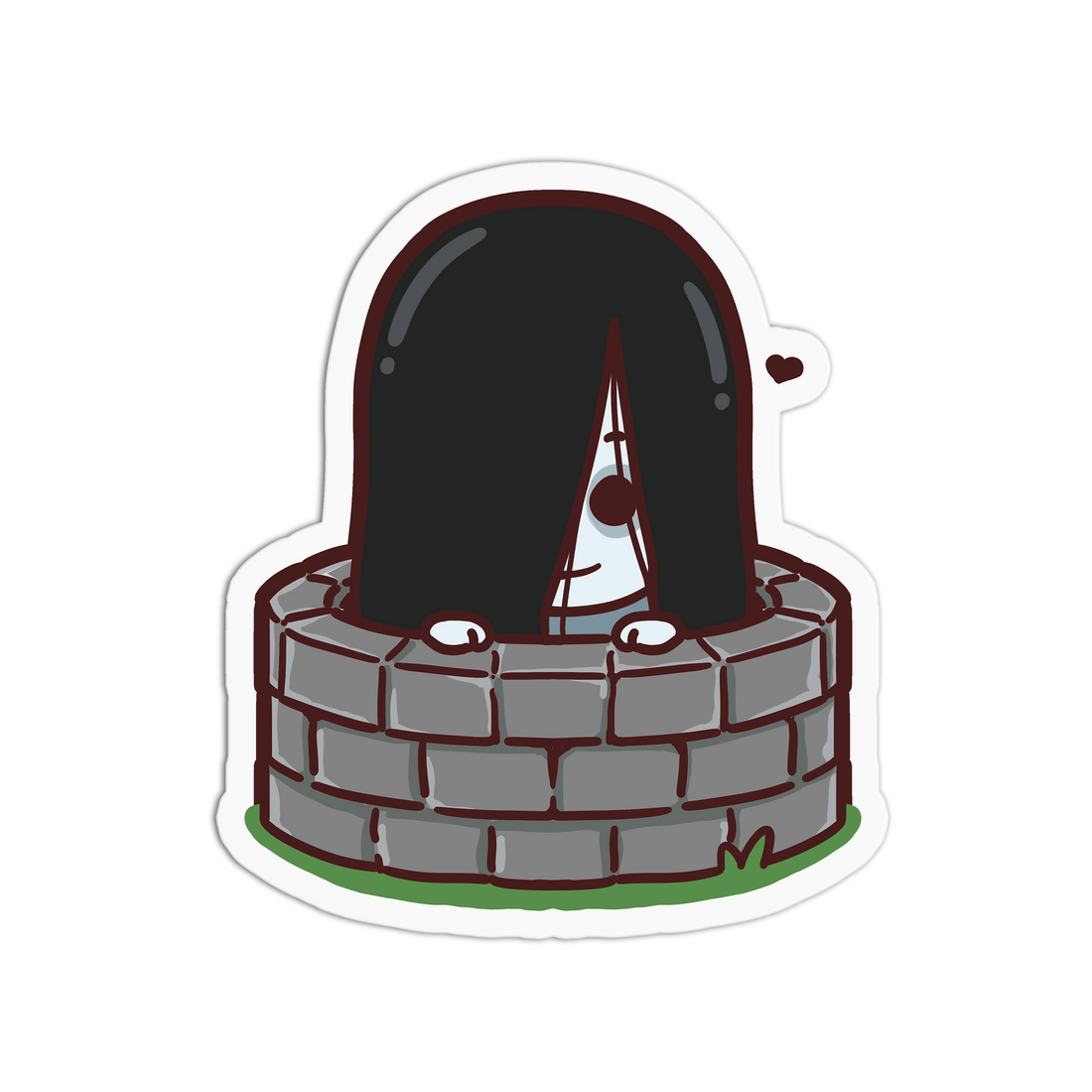 Cartoon character with long black hair peeking out from behind a stone wall on a white background