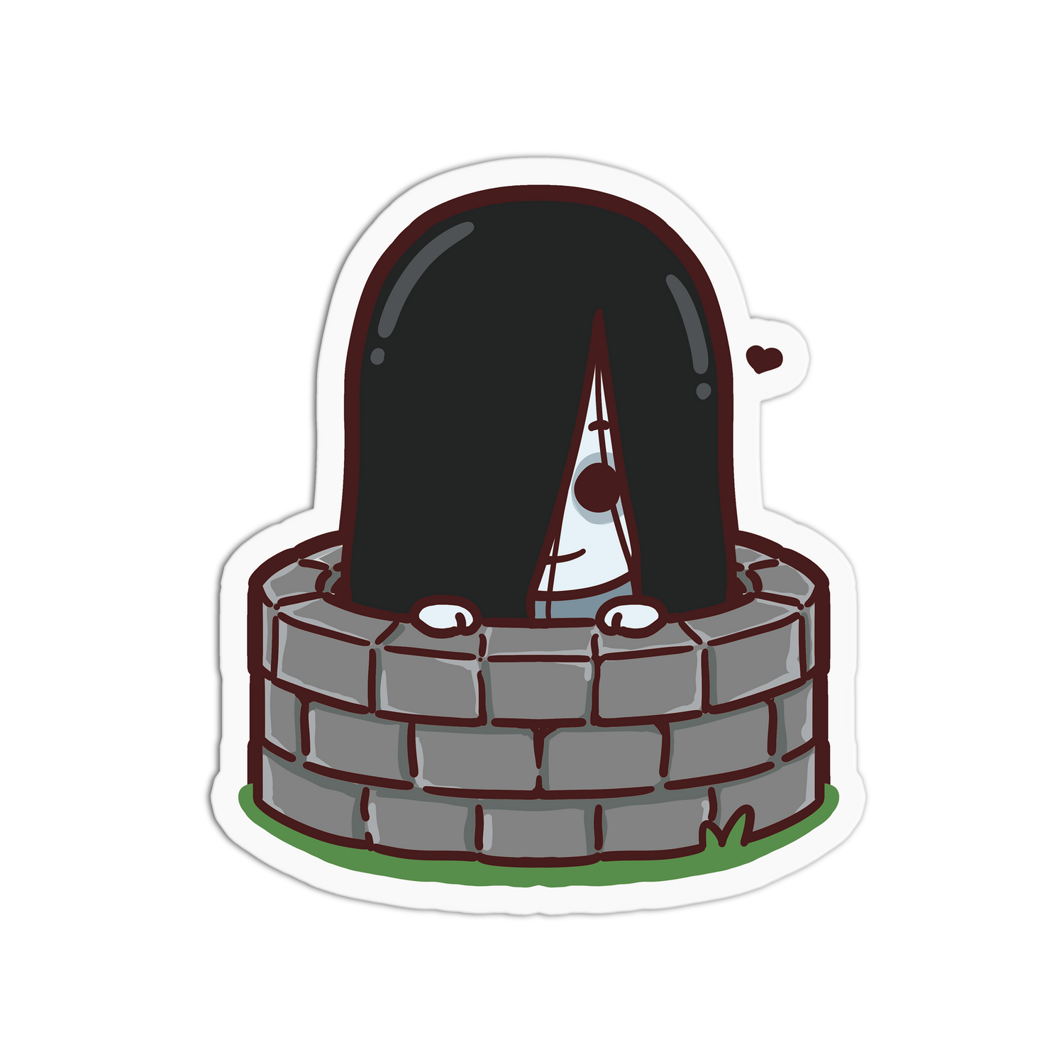Cartoon character with long black hair peeking out from behind a stone wall on a white background