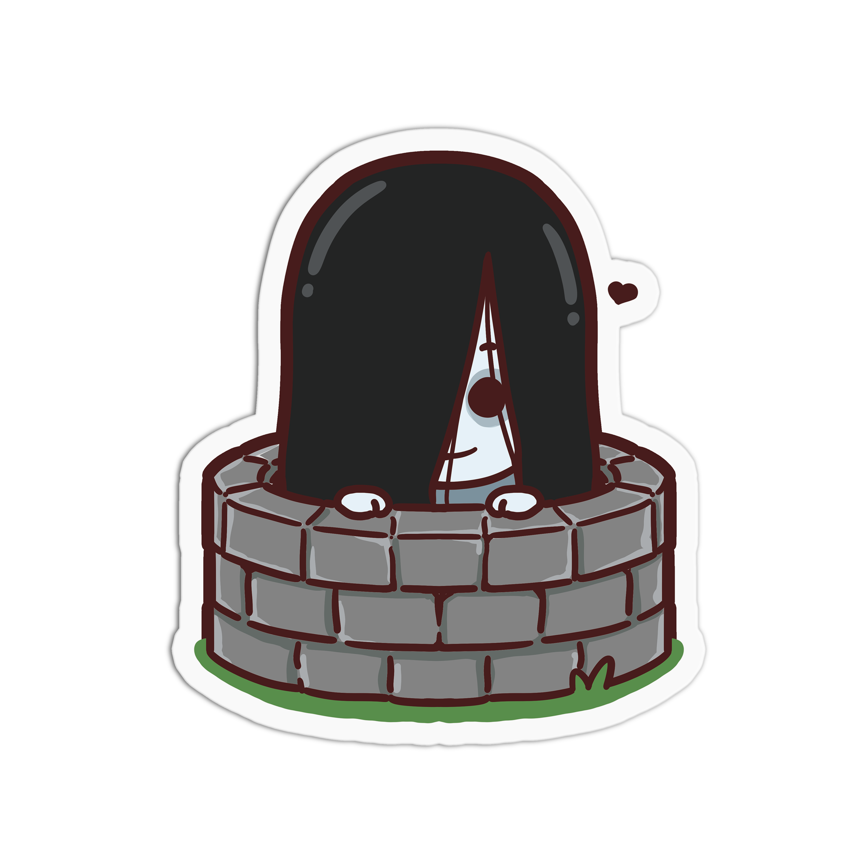 Cartoon character with long black hair peeking out from behind a stone wall on a white background