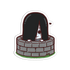 Cartoon character with long black hair peeking out from behind a stone wall on a white background